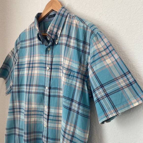 Men's Pendleton Button Down Short Sleeve Blue & Orange Plaid Shirt - Siz… - Picture 3 of 5